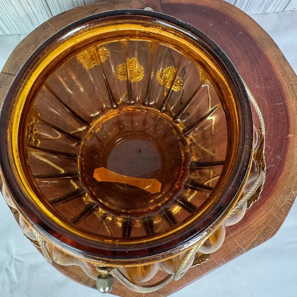 Vintage Amber Glass Musical Biscuit Jar Swan Lake Japan Gold Grape Filigree